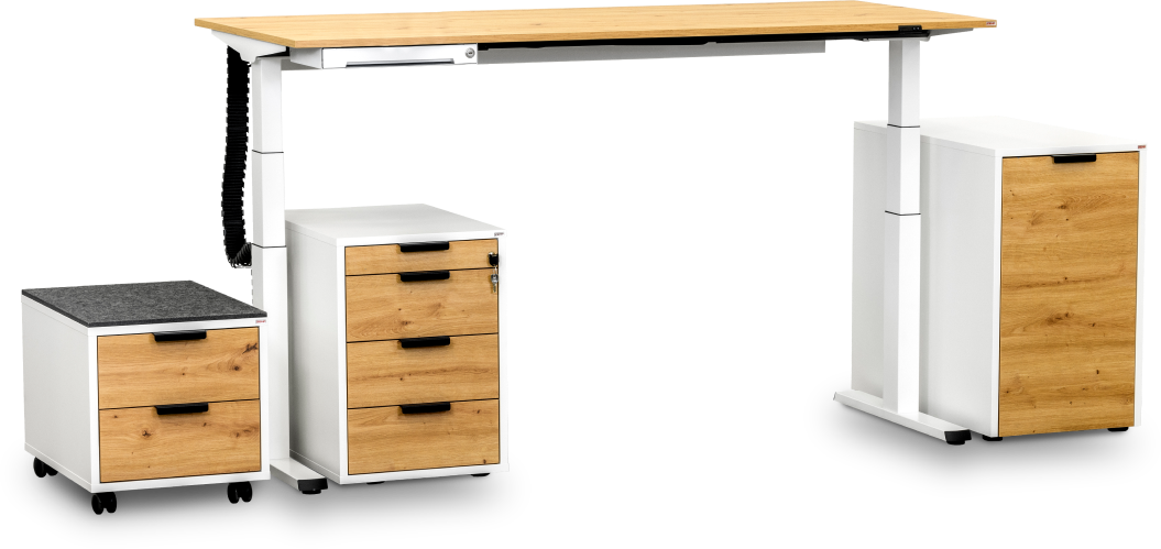 Ein PURA Steh-Sitztisch mit Auszugsschrank und Beistellkorpus auf Rollen.